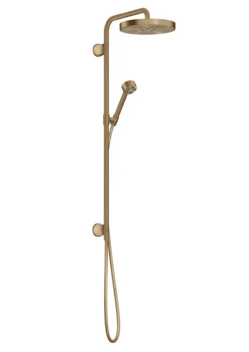 AXOR Duschsystem mit Kopf- und Handbrause in gebürstetem Bronze-Finish. Der obere Teil hat ein flaches, rundes Design mit wassersparenden Düsen, der Handbrausehalter ist flexibel.